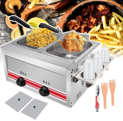 Friggitrice commerciale Friggitrice a gas GPL professionale 10/20/30l Grande capacità con cestello e coperchio Deep_fryer inossidabile Regolabile Potenza di fuoco Doublecylinder10L + 10L