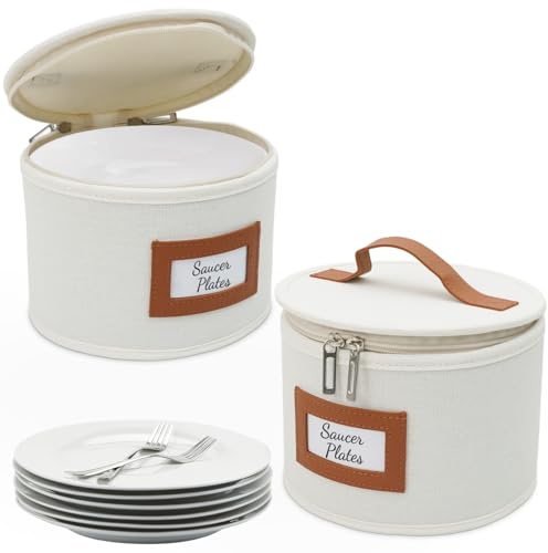 HOMELUX THEORY Saucer Plate Storage Box, 2pc Ivory Hard Shell China Storage Containers Thick Surfaces Lid & 24 Felt Pads, Heavy Duty Moving Box with Handles for Dishes, Dinner Plate, & Dinnerware