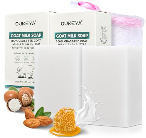 OUKEYA 2-Pack Getmjölkstvål 115g, Naturlig Tvål med Olivolja, Sheasmör och Honung, Återfuktande och Anti-aging, Inkluderar Skumnät, För Känslig och Torr Hud
