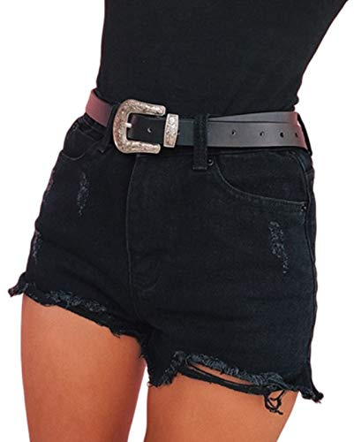 FeMereina Women’s Stretchy Ripped Mid Waisted Denim Shorts Casual Frayed Raw Hem Trendy Jean Shorts (Black, XL)