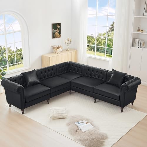 LEVNARY 98” x 98” L-Shaped Chesterfield Sectional Couch, 5-Seat PU Leather Couch with Rolled Arms, Mid-Century Modern Tufted Corner Sofa for Living Room Bedroom Office (Black)