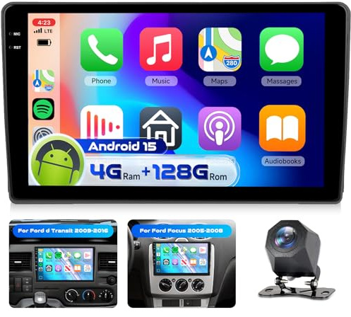 4G&128G VECHTEL 9 Bilradio för Ford Transit 2009-2016/Ford Focus 2005-2008 med trådlös Android Auto Carplay, Auto Bluetooth FM/RDS-radio, EQ, Navi Wi-FI/AHD backkamera