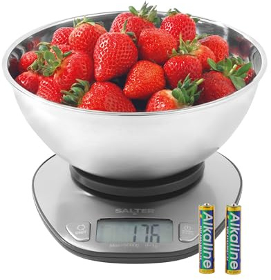 Salter Digital Bowl Scale, Electronic Kitchen Scale 5 Kg, 2 L Bowl | Stainless Steel Bowl, Dishwasher Safe, Add & Weigh Tare, Measures Liquids And Solids, Backlit LCD Display, Dual-Use