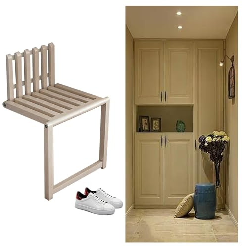 Schmaler Klapphocker zur Wandmontage, Massivholz, Klappstuhl für Badezimmer, Balkon, Wohnzimmer, Büro, 90 Grad, platzsparendes Design mit Stützbeinen (Originalholzfarbe)