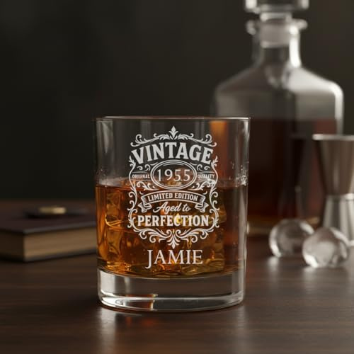 ukgiftstoreonline Personalised Milestone Birthday Whisky Glass, Crystal Clear, 10cm Tall, 305ml Capacity, Laser Engraved, Gift Boxed, Dishwasher Safe, 30th, 40th 50th, 60th 70th