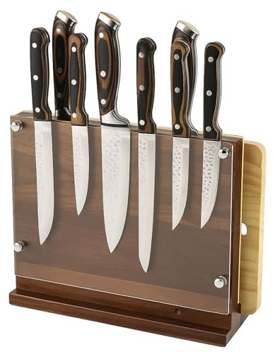 Grande ceppo magnetico per coltelli senza coltelli 26 x 23,8 cm, portacoltelli bifacciale in legno di caucciù con protezione in acrilico e magnete potente per 12-18 coltelli e un tagliere (A)