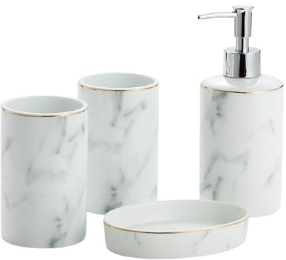 Bathroom Sets Juego de 4 Piezas dispensador jabón cerámica, Vaso for Cepillo Dientes y Accesorios baño Coastal Decor(Ash White)