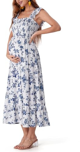 SUNNYBUY Summer Maternity Maxi Dress, Floral Boho Dress for Vacation | Square Neck, Ruffle Sleeves, Flowy A-Line, Fully Lined for Beach, Travel & Everyday Comfort, Blue Toile Flora M