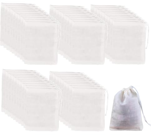 50 Pack Muslin Bags with Drawstring, Reusable Tea Bags 8 * 10cm Cotton Mesh Bags- for Cooking,Tea Coffee Filter Spices Storage