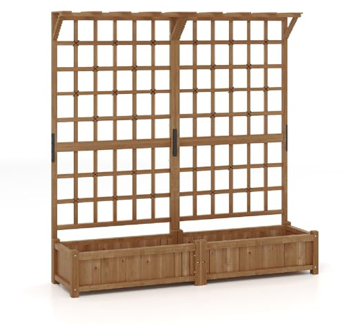 GiantexUK Garden Planter with Trellis, Wooden Raised Bed Climbing Support with Drain Holes, Outdoor Elevated Flower Pots Planting Box for Vegetables Herbs (with Hanging Roof, Brown, 180x48x183cm)