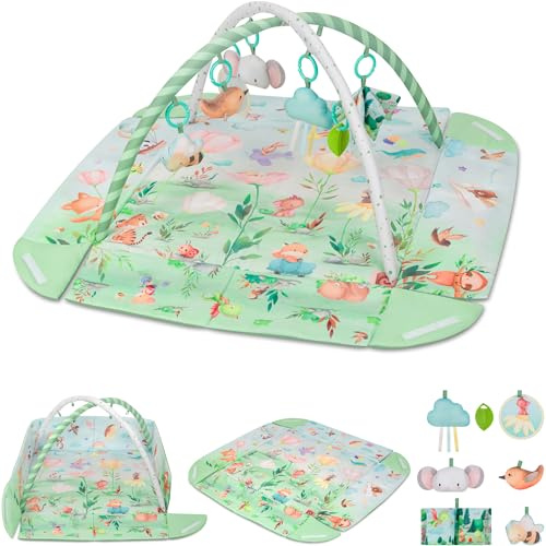 Lionelo Inga Multicolor Babygym & Aktivitetsmatta – Lekmatta Baby 0+ från Födseln, med Båge och 7 Leksaker, Sensorisk Lekmatta, Upphöjda Kanter, Vikbar, Avtagbara Leksaker, Bitring