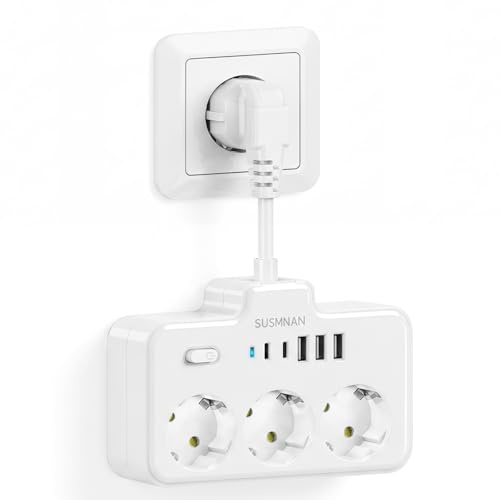 Steckdosenleiste Mit USB, 3 Fach Mehrfachsteckdose Mit EIN Knopf Schalter, Steckdosenadapter Mit 3 USB-A & 2 USB-C (2860W Max 13A), Verteilersteckdose für Büro, Hause, Reisen, küche