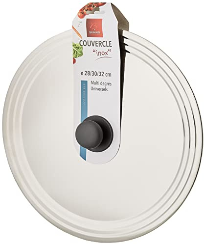 BAUMALU - Couvercle Multi-Degrés Universel - Acier Inoxydable Haut de Gamme - Bouton Bakélite, Bord en Escalier - Pour Ustensiles de Ø28, 30 et 32 cm
