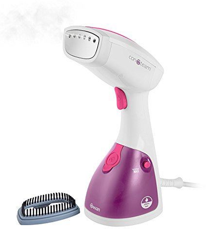 Swan SI12020N Handheld Garment Steamer, Lightweight, Removable Fabric Brush, Extra-Long 1.9m Power Cable, 1100W, 250ml Water Tank,White and Pink