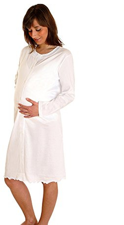 MAMINA Camicia da Notte Parto Clinica Aperta Davanti Premaman Manica Lunga 100% Cotone Jersey maternità (3 / S, Bianco)