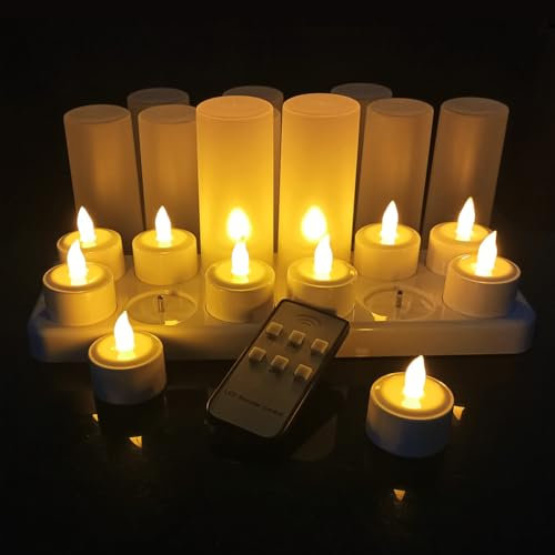 QSPORTPEAK velas LED con mando a distancia, 12 piezas sin llama luces de té, parpadeo como velas reales, velas recargables con estación de carga, traje de velas de Navidad, fiesta, boda, amarillo
