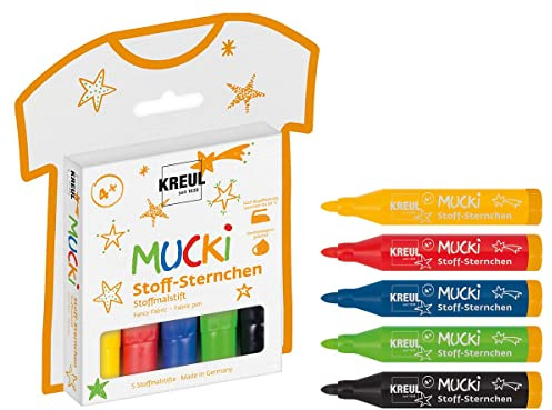 KREUL 27156 - MUCKI Stoff Sternchen, 5 Stoffmalstifte für Kinder in gelb, rot, blau, grün und schwarz, Strichstärke 2 - 5 mm, für zauberhafte Kunstwerke auf hellen Textilien