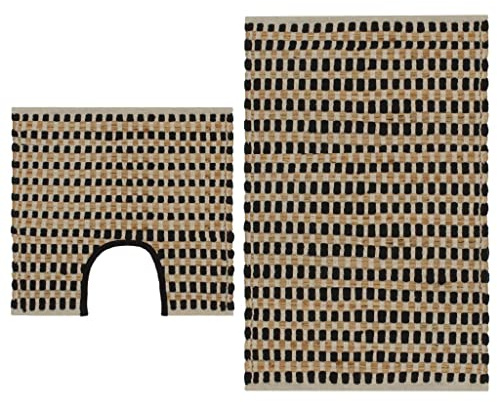 vidaXL Hand-Woven Jute Bathroom Mat Set Fabric Natural and Black Carpet Rug