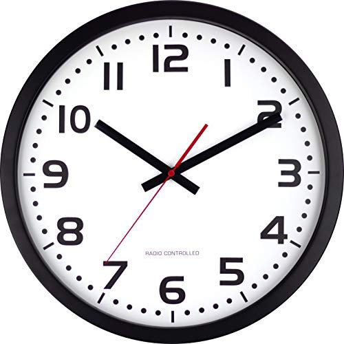 Reloj de pared radiocontrolado, 40 cm, marco de acero inoxidable, negro, ajuste y cambio de hora automáticos, segundero rojo, sólo para uso en interiores