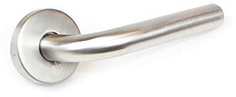 Emuca - Manetas para puertas de interior, juego de manillas para puerta de paso con roseta D.53 mm, modelo en L, Acero inoxidable, Níquel satinado.