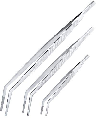 MSY BIGSUNNY Stainless Steel Kitchen Precision Tweezers Tongs with Curved Tip, Multipurpose Tweezers for Cooking, Feeding, Crafting (Set of 3, 6.2 + 9.5 + 12)