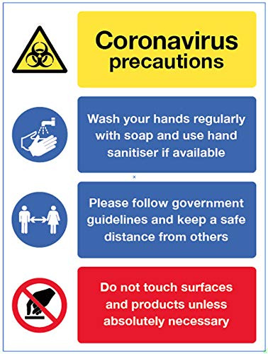 Coronavirus Hinweisschild – Hände waschen, einen sicheren Abstand, vermeiden Berührung von Oberflächen, halbstarres PVC-Schild (250 x 300 mm)