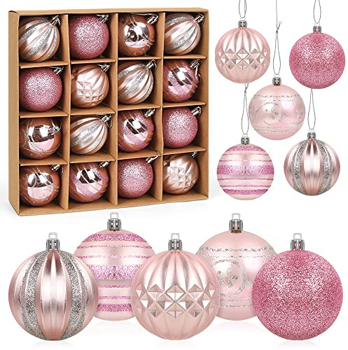 Boules de Noël Or Rose, Peint Boule Noel 6cm, Boules Sapin de Noël Geantes, Peint Texture Givré Briller, 16PCS Décoration de à Suspendre Plastique, Rose Or Festival Décors