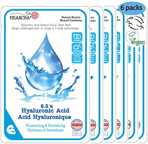MEAROSA* Dermatologically tested,8.5% Hyaluronic Acid,Niacinamide, VitaminE Essence Facial Sheet Masks Sensitive skin Vegan Formula Hydrating & Nourishing Premium Quality Natural ingredients pack of 6