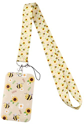 Cute Lanyard with Card Holder for ID Keys, Bee Lanyard Neck Strap with Hard Plastic Case