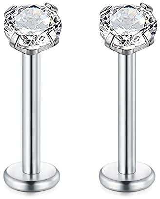 Rajnard 16G Chirurgenstahl Lippenpiercing Stud Silber Cartilage Tragus Helix Ohrringe Piercing Labret mit Zirkon 6/8/10/12/14/16/19mm Innengewinde Piercing Schmuck für Frauen Männer