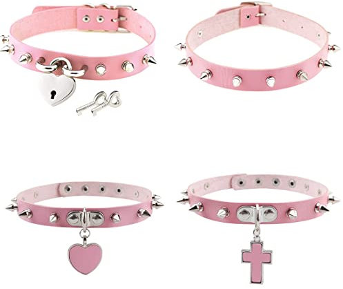 LAIFEKE 4Pcs Harajuku Gothic Nieten Choker PU Leder Halskette Einstellbare Größe Hals Zubehör (01-Rosa)