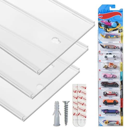 Tapeera - 3er-Pack Acryl Wandregal Sammlervitrine für Modellautos - Wandmontage Display für 1:64 Autos mit 3M Tape & Schrauben Zubehör