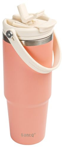 SUNTQ 850ml/30oz Tumbler mit Griff und Flip Stroh, Isolierte Edelstahlbecher mit auslaufsicherem 2-in-1-Deckel, wiederverwendbare doppelwandige Wasserflasche, Portable Kaffee-Reisebecher(Pfirsichrosa)