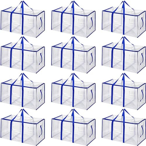 Aliceset 12 Stück übergroße Umzugstaschen, transparente Umzugstaschen mit verstärkten Griffen und Reißverschlüssen, faltbare Tragetaschen für die Aufbewahrung von Kleiderschrankboxen,