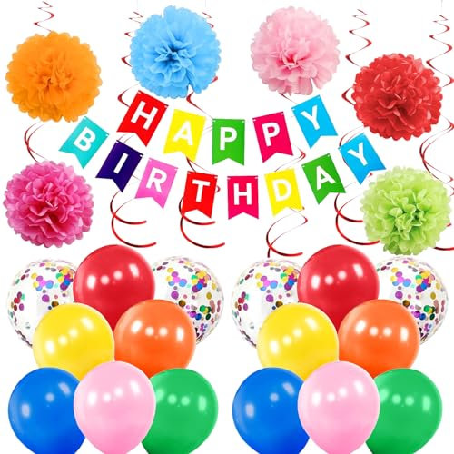 PIWOSGOL Decoraciones para Fiestas de Cumpleaños, Pancarta Multicolor de Feliz Cumpleaños Banderines con Pompones de Papel, Guirnaldas y Globos de Confeti para Decoración de Fiestas de Cumpleaños