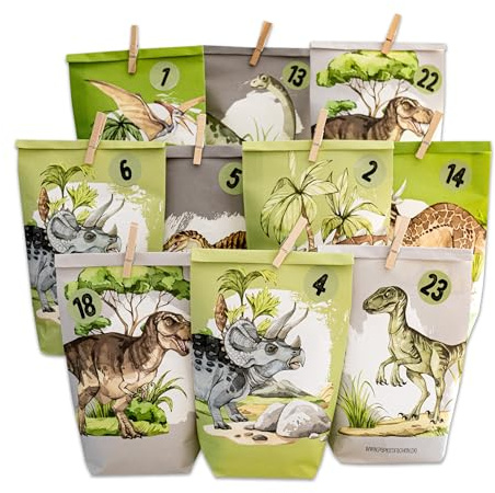 Papierdrachen Adventskalender 2025 zum Befüllen - Dino-Motiv für Kinder - 24 bedruckte Geschenktüten - inkl. Holzklammern - DIY Set für Weihnachten