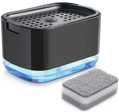 Dish Soap Dispenser and Sponge Support, Sink Soap Pump Dispenser, Liquid Soap Dispenser, Kitchen Detergent Press Box, Suitable for Kitchens, Bathrooms and Sinks (Black)