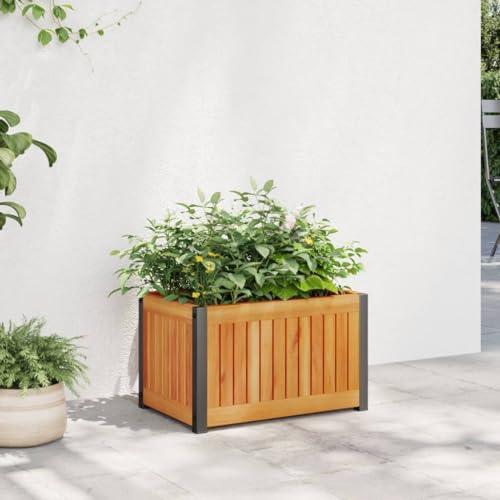 Iiaky Garden Planter 45x30x27.5 cm Solid Wood Acacia and Steel,Wooden Garden Planter Plant Pot Box Flower Herb Veg Wood Trough Outdoor