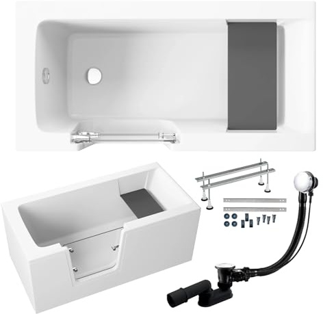 BADLAND Premium SET 6in1 Badewanne Rechteck Acryl Weiß Wanne, Seniorenbadewanne mit Glastür und Holzsitz VOVO 140x70 cm, Links mit AcrylSchürze, Made in EU, mit Ablaufgarnitur und Füßen