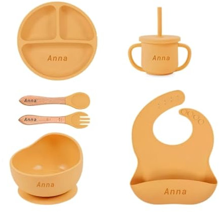 Juego de alimentación de destete personalizado de silicona para bebés, juego completo para destete que incluye: babero, cuenco, taza, cuchara personalizada de silicona 100% alimentaria (amarillo)