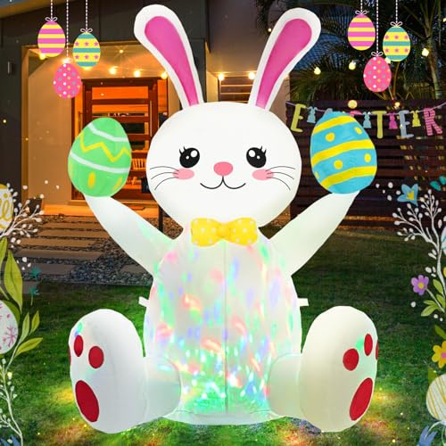 Ahititi Easter Inflatables Outdoor Decorations 4ft Cute Inflatable Bunny Hold Eggs Blow Up Yard with LED Lighted Colorful Happy Rabbit Blow Ups for Outside Holiday Party Garden Lawn Indoor Home Decor