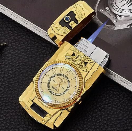 NOVAEASE Gold Lighter Eagle Headed Quartz Watch Refillable Safety Gas Candle BBQ Fire Lighter Premium Collection Windproof Jet Lighters with Clock Watch & LED Lights