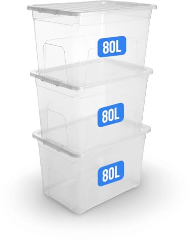 KAPCO Large Storage Box with Lid – 3 x 80L Clear Plastic Containers – Stackable Nesting Storage Bins for Clothes, Toys, Kitchen, Garage, Home & Office – BPA-Free, Made in UK, Heavy Duty Boxes