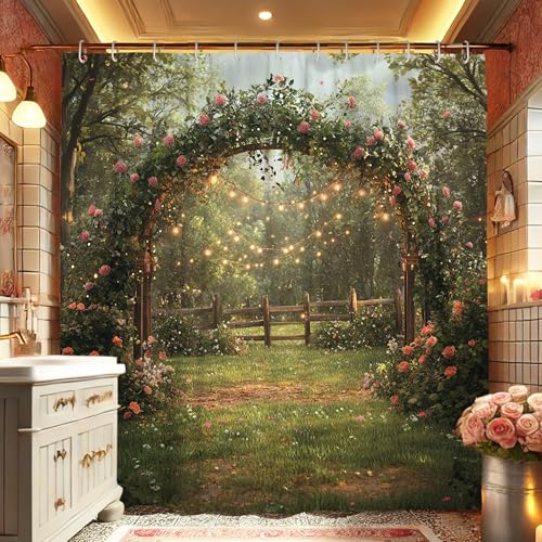 Tenda da doccia da giardino con rose, tenda da doccia floreale per esterni color pesca pastello verde pesca tenda per bagno, tenda da doccia in tessuto rustico romantico primavera estate set con ganci