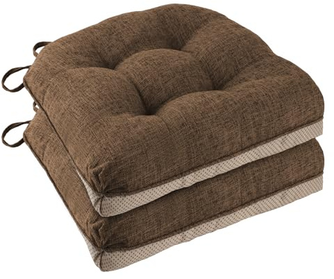 FlyGulls Chair Cushions for Dining Chairs 2 Pack Non Slip Kitchen Chair Cushions 18x18x3 Turfted Chair Pads Comfortable and Soft Seat Cushion with Ties (2, Coffee)