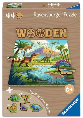 Ravensburger Puzzle Dinosaurier Welt - 44 Teile Holzpuzzle ab 4 Jahre | 44 Teile Holzpuzzle, Mit 5 Whimsies und 5 Holzspielfiguren, Kinderpuzzle ab 6 Jahre, Ravensburger Qualität