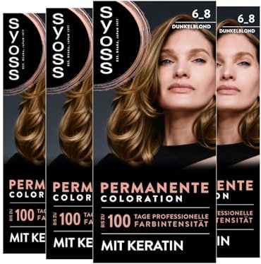 SYOSS Coloration 6_8 Dunkelblond (4x 115 ml), permanente Coloration mit Keratin verleiht bis zu 100 Tage professionelle Farbintensität, 100% Grauabdeckung