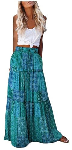 Women's Maxi Skirts Bohemian Chiffon High Waisted Casual Skirts with Pockets Elasticated Waist Summer Pleated Long Dresses Elegant Flowy A-Line Beach Skirt Holiday Drawstring Tiered Skirts