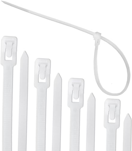 SQHXH 100 Pack Reusable White Cable Ties, 300mm X 4.8mm, 8 Inches, Easy to Release, Removable, Self-Locking Strong Nylon Cable Ties for Home, Office, Outdoor, Garage,Packaging or Garden