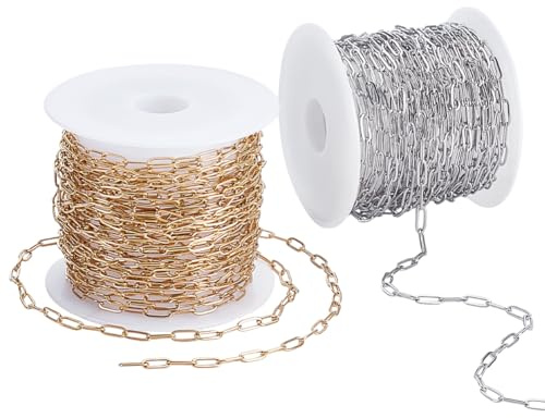 PH PandaHall 2 Rollen 18K Vergoldet Edelstahl Gliederkette 10m Lange Büroklammerketten 2.5mm Ovale Kabelketten Gliederketten Spule Für Halsketten Armbänder Schmuck Basteln 5m/Rolle